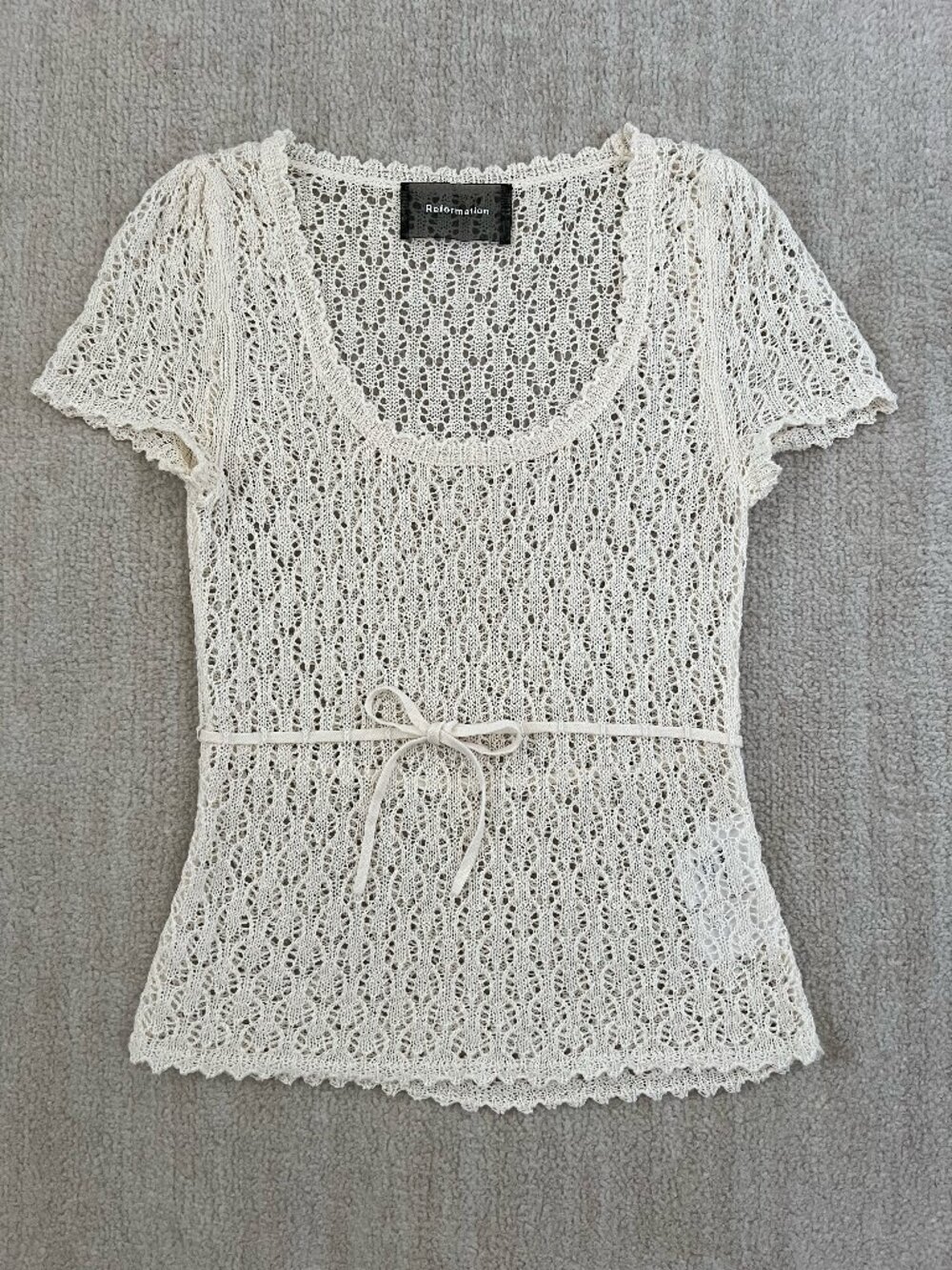 Reformation Cream Polka Linen Crochet Knit Top Tie Waist S Peasant Coquette